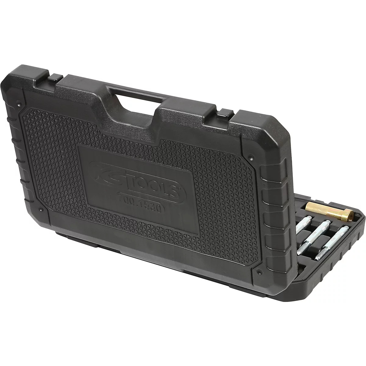 Schwarzer Werkzeugkoffer, geöffnet, teilweise bestückt mit Werkzeugen.